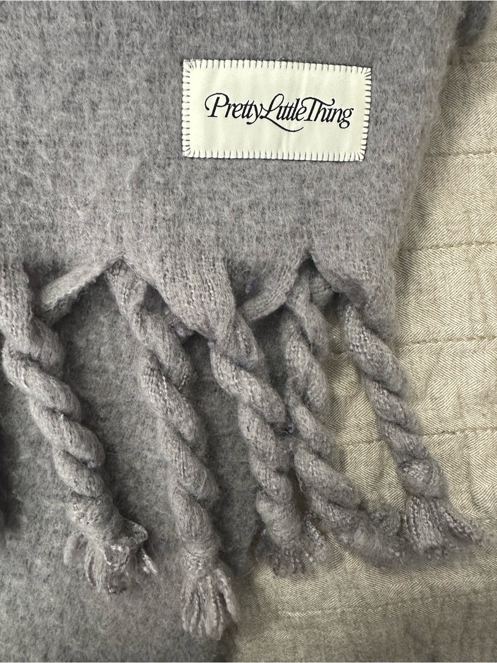 PrettyLittleThing Grey Smokey Brushed Knit Tassel Scarf